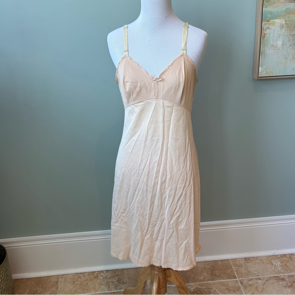 Vintage Olga Slip Dress 34 Nylon Beige Lace Trim Lingerie Nightgown 1950s–60s